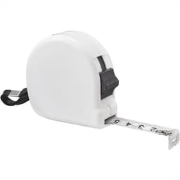 A white 5 metre measuring tape with a retractable feature and a black strap for easy carrying.
