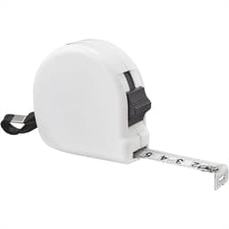 A white measuring tape with a retractable design, featuring a black push button and a measuring scale extending from the case.