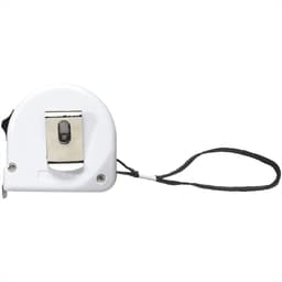 A white measuring tape with a black strap, featuring a metal clip and a small level indicator.