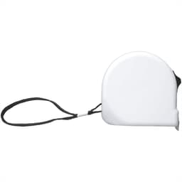 A white measuring tape with a black retractable cord, featuring a logo on its surface.