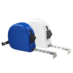 A blue and a white measuring tape, each with a retractable tape measure and a black lock feature.