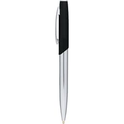 A sleek metal ballpoint pen with a chrome finish and a black grip. The pen features a clip and branding.