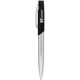 A metal ballpoint pen with a shiny chrome finish and a black grip, featuring a logo on the barrel.