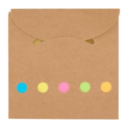 A brown envelope featuring five colourful dots in blue, pink, green, and yellow. It has a logo on the front.