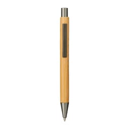 A bamboo ballpoint pen with a silver tip, featuring a sleek design and a clip on one side.
