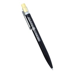 A black recycled aluminium pen with a bamboo clicker and a metal clip, featuring a logo on the barrel.