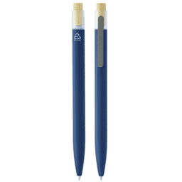 A navy blue recycled aluminium pen features a bamboo clicker and a clip, showcasing an eco-friendly design.