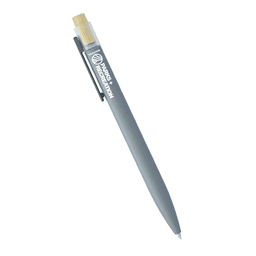 A recycled aluminium pen in grey with a bamboo clicker and a logo on the side.