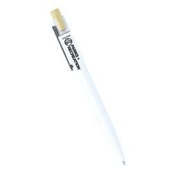 A white aluminium pen featuring a bamboo clicker and a logo on the side.
