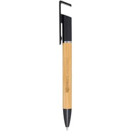 A bamboo and black pen with a clip and branding on the barrel. Designed for easy holding and writing.