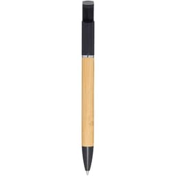 A bamboo pen with a black top and tip, featuring a simple design and a logo on the barrel.