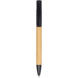 A bamboo pen with a black top and a silver tip, featuring a simple design and a logo.