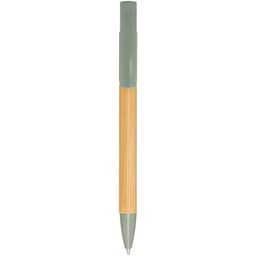 A pen with a bamboo body and a green plastic top, featuring a clip and a logo.