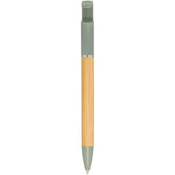 A pen with a bamboo barrel and green accents, featuring a logo. It has a modern design suitable for promotional use.