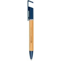 A bamboo pen with a blue clip and a logo, featuring a sleek design suitable for promotional use.