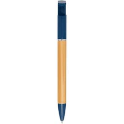 A bamboo and navy pen with a sleek design and a silver clip, featuring a branding logo.
