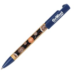 A pen with a blue top and barrel featuring Aboriginal-inspired designs in earthy tones, with a logo on the side.