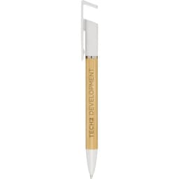 A bamboo pen with a white clip and engraved branding on the barrel, designed for writing activities.