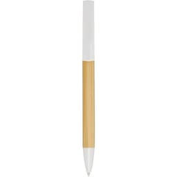 A pen with a bamboo body and white accents, featuring a logo on the surface.