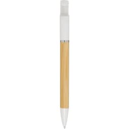 A pen featuring a bamboo body and a white top, complemented by a logo.