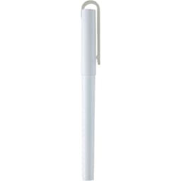A white gel rollerball pen with a clip, featuring a smooth, sleek design. It has a logo on the body.