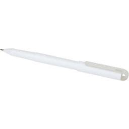 A white rollerball pen made from recycled PET, featuring a clip and a branding logo.