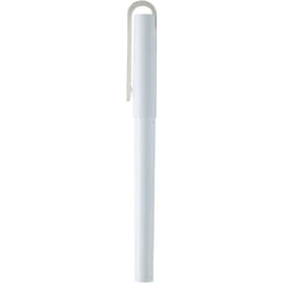 A white rollerball pen with a clip, featuring a sleek and minimalist design. It has a logo on the body.