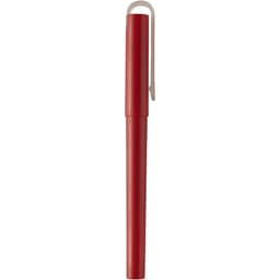 A red gel rollerball pen with a light-coloured clip and a simple design. It features a logo on the barrel.