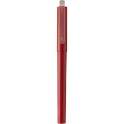 A red gel rollerball pen with a transparent cap and a sleek design. It features a logo on the body.