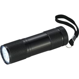 A black LED flashlight with a textured grip and a wrist strap, featuring a round light at one end.
