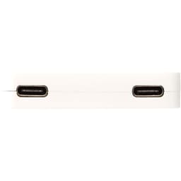 A white 4-port USB hub with USB-A and Type-C outputs, featuring multiple connection ports.