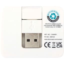 A white 4-port USB hub featuring USB-A and Type-C outputs, with a compact design and a logo.