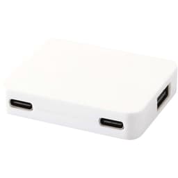 A white USB hub featuring four ports, including USB-A and Type-C outputs. It has a sleek, compact design.
