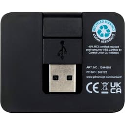 A black USB hub featuring a USB-A port, Type-C output, and dual input, with a small logo visible.