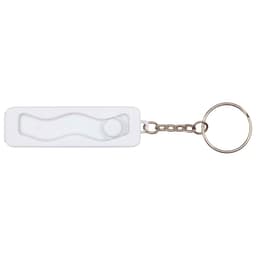 A white recycled plastic phone stand with a fidget toy, attached to a metal keychain.