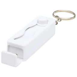 A white recycled plastic phone stand with a fidget toy attached, complete with a keyring for easy carrying.