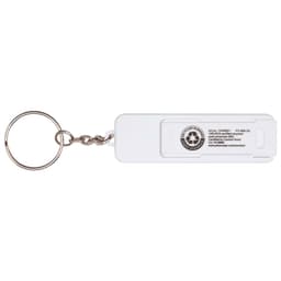 A white plastic phone stand with a keyring, featuring a fidget toy and a logo on one side.