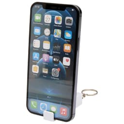 A white recycled plastic phone stand featuring a fidget toy attached, designed to hold a smartphone.
