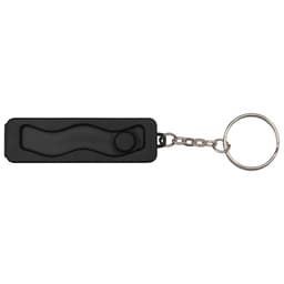 A black recycled plastic phone stand with a fidget toy attached, featuring a keyring for easy carrying.