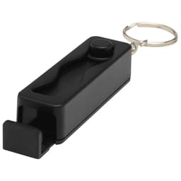 A black plastic phone stand with a fidget toy and a keyring attachment.