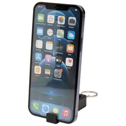 A black recycled plastic phone stand featuring a fidget toy and displaying a smartphone with an app interface.