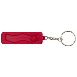 A red recycled plastic phone stand with a fidget toy attached, featuring a keychain loop.