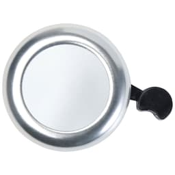 A silver bicycle bell with a black lever, featuring a circular design and a smooth finish.