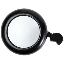 A black bicycle bell with a shiny silver surface and a side lever for ringing. It features a logo.