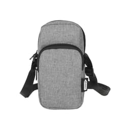 A grey pouch with a zippered closure and an adjustable strap, featuring a branding logo.