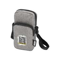 A grey, textured recycled phone pouch with a strap and a zippered compartment, featuring a logo and motivational text.