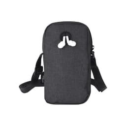 A grey phone pouch with a black strap and earphones attached, featuring a logo on its side.