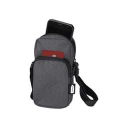 A grey recycled phone pouch with a zippered compartment and a phone inside, featuring a strap for carrying.