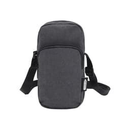 A grey recycled phone pouch with a zippered front pocket and an adjustable strap. Features a logo.