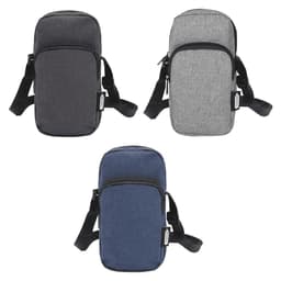 A collection of three phone pouches in grey, charcoal, and navy, featuring adjustable straps and zippers.